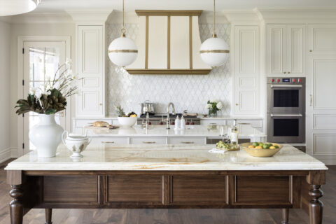 Custom Design Double Kitchen Islands, Range Hood and Cabinetry