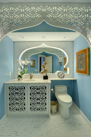 Moroccan Bathroom Remodel with Custom Vanity, Backlit Mirror and Custom Valence in Bloomington, MN