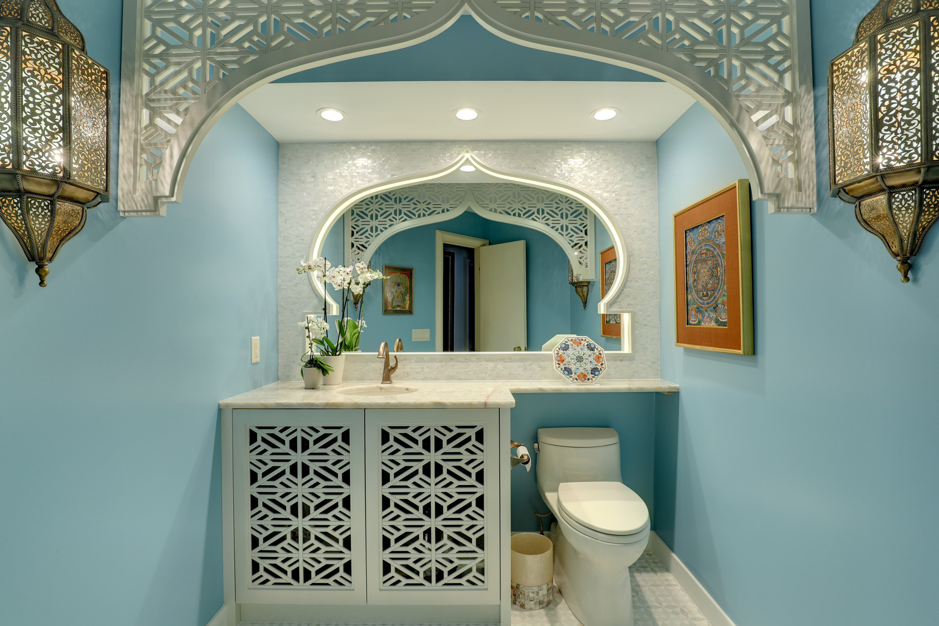 Moroccan Bathroom Remodel with Custom Vanity, Backlit Mirror and Custom Valence in Bloomington, MN