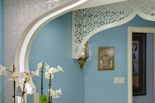 Moroccan Bathroom Remodel with Custom Backlit Mirror and Valence